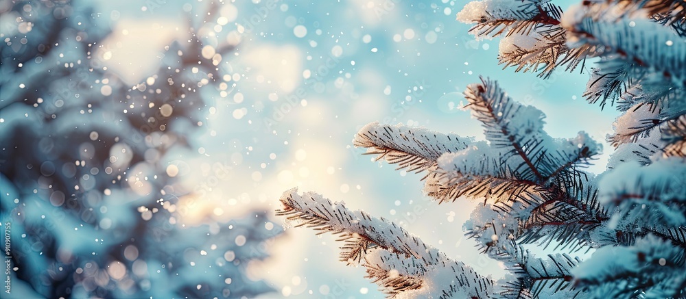 Poster fluffy snow covers spruce branches in forest setting against a blue sky providing copy space image f