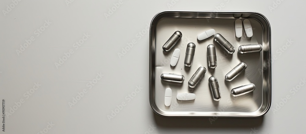 Poster white background featuring a stainless steel pill counting tray with copy space image