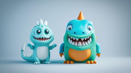 Fototapeta premium A playful 3D monster stands boldly, while a fierce dragon looms behind, combining fun with fantasy in vibrant colors.