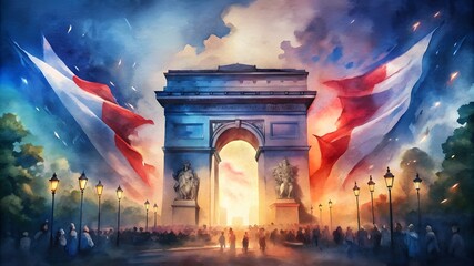 A watercolor illustration honoring the French National Day features an arc de Triomphe and a flag.