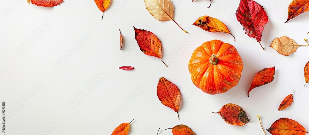 Poster vibrant leaves and a pumpkin on a white backdrop with copy space image perfect for autumn fall or th