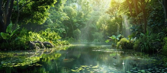 Obraz premium Sunny day in the jungle with a tranquil pond for wild animals and trees great for a copy space image