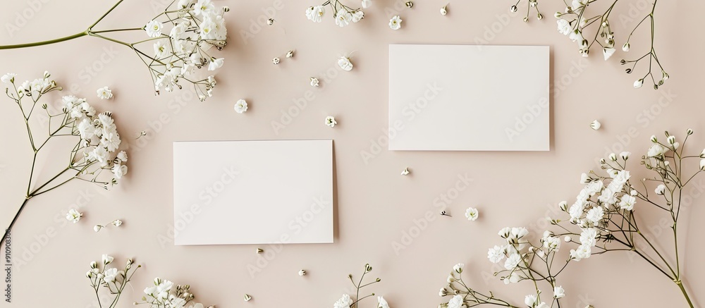 Poster Minimalistic business card template featuring mockup copy space image with gypsophila flowers on a beige background designed for a sleek and professional look in a flat lay top view style