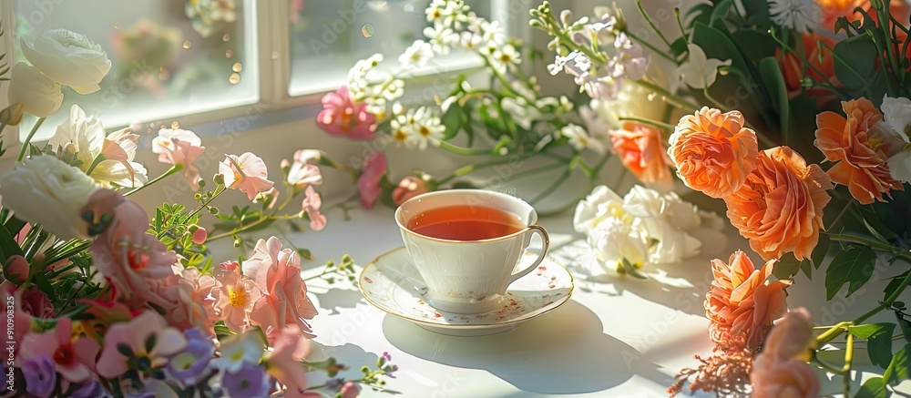Poster a morning scene with a cup of tea on a bright table by a window surrounded by bouquets of flowers an
