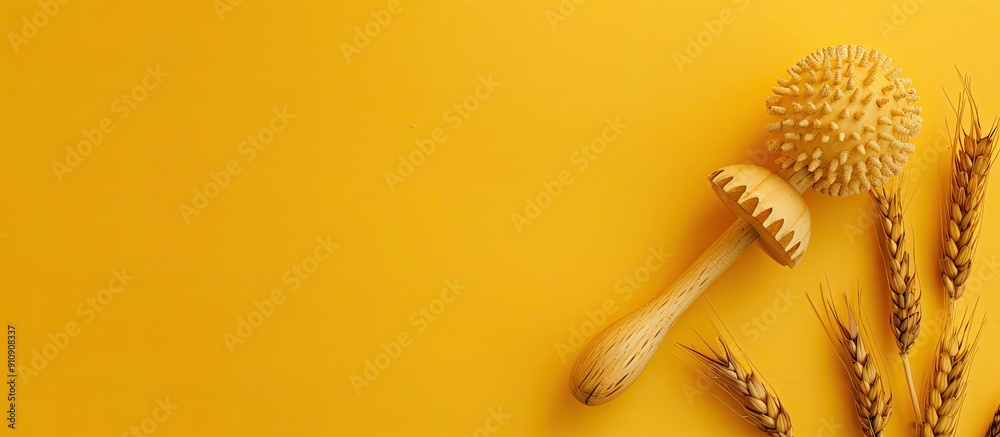 Poster Wooden rattle and dry spikes on yellow backdrop in a top view copy space image