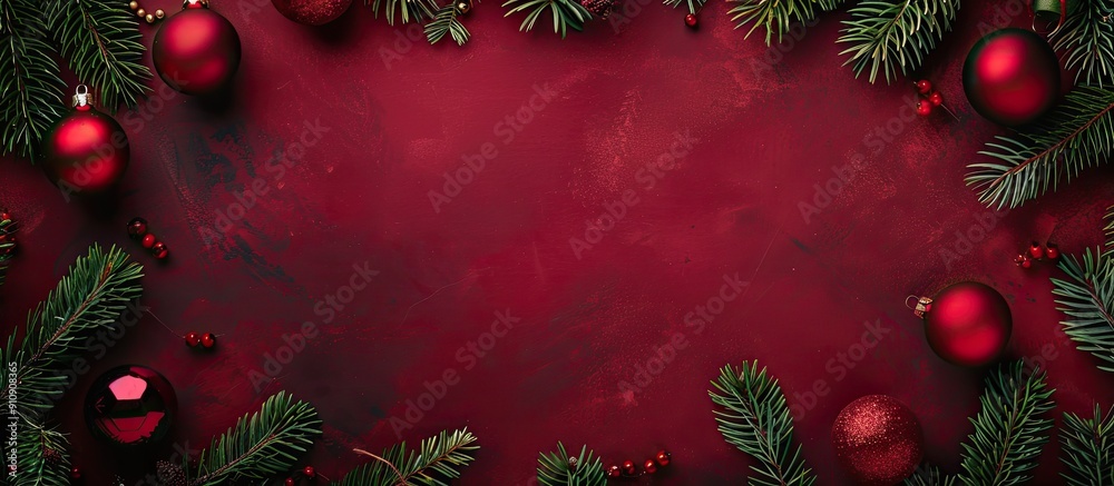 Poster festive christmas backdrop with fir branches and ornaments on a crimson background perfect for copy 