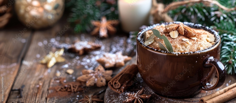 Poster Quick Christmas breakfast idea A festive mug cake with traditional winter spices in a Christmassy setting with copy space image on a wooden background