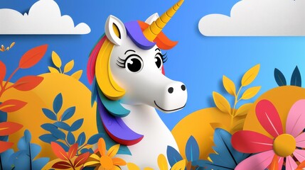 Obraz premium A magic unicorn with a bright rainbow mane frolics through a vibrant field filled with colorful flowers.