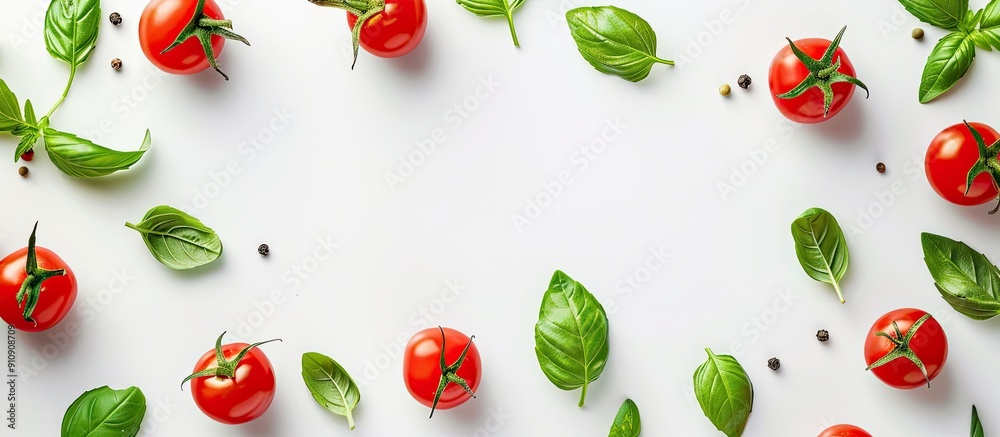 Poster organic red cherry tomatoes and green basil on a white background glossy clean eating veggies with a