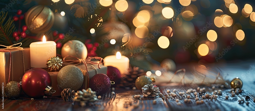 Poster festive decorations like gift boxes candles and ornaments for new year or christmas positioned on a 