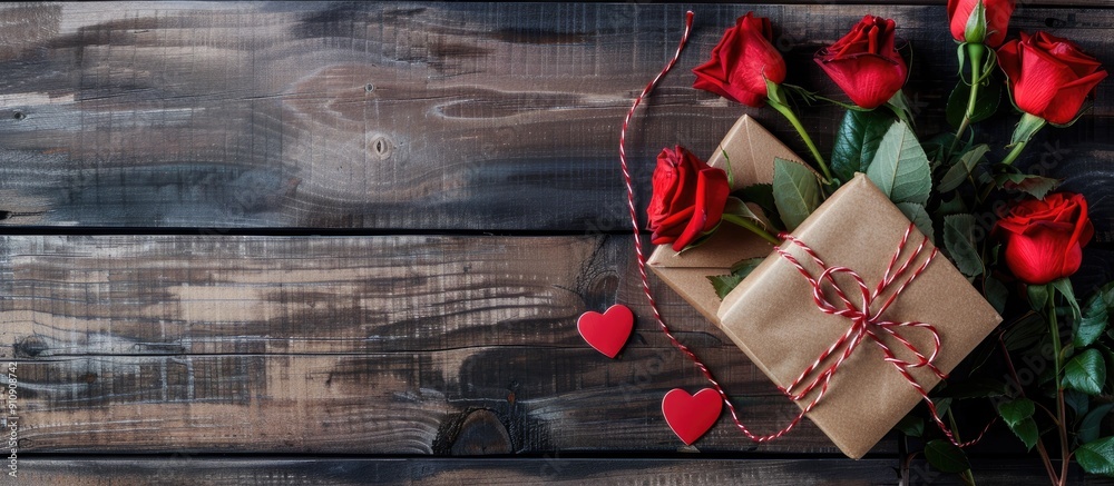 Poster Top view of a gift box red roses and a Valentine s Day card on a wooden table with space for adding an image. Creative banner. Copyspace image