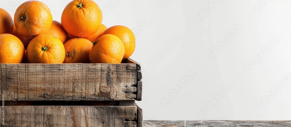 Aufkleber fresh juicy oranges resting on a wooden box against a white backdrop showcasing a copy space image