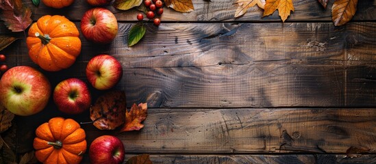 Thanksgiving themed rustic table setting for fall with pumpkins apples and autumn leaves seen from above on wooden surface Seasonal decor with space for text or image. Creative banner. Copyspace image