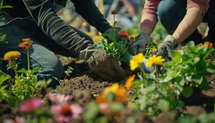 Fototapeta premium Hands planting flowers in a vibrant garden, showcasing teamwork and care for nature, creating a beautiful outdoor space.