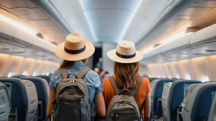 Rear view of women tourist wearing backpacks and hats, standing in the aisle of airplane looking for seats. Travelling by plane