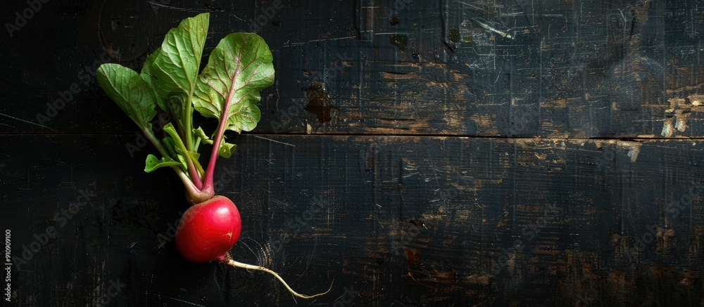 Poster a vibrant radish displayed on a dark wooden surface with room for a copy space image serving as a fo