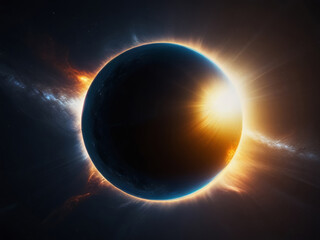Obraz premium solar eclipse in deep space. the planet covers the star. universe.