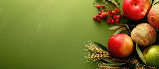 Sukkot celebration composition on a green background with a copy space image