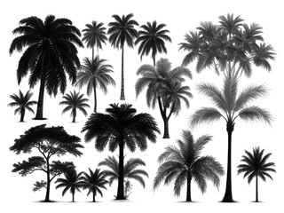 Black silhouettes of tropical palm trees on a white background. Sticker set.
