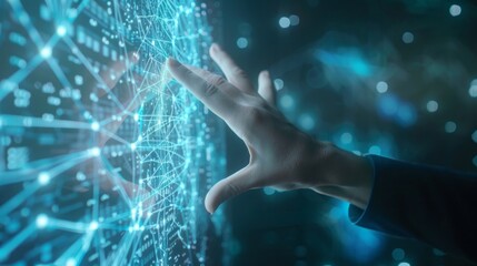 A hand is touching a screen with a blue background