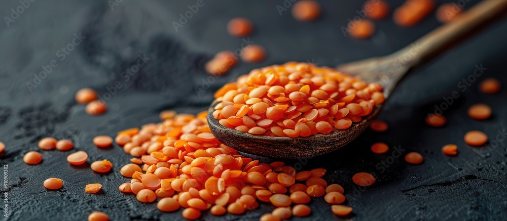 Poster red lentils on a spoon with a dark background providing a perfect copy space image