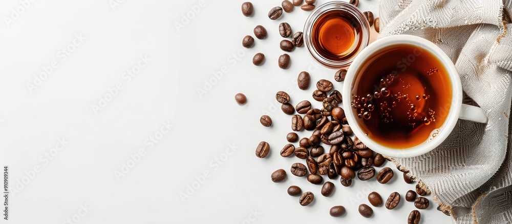 Aufkleber isolated on a white background is a composition of a coffee cup coffee beans and irish cream syrup w