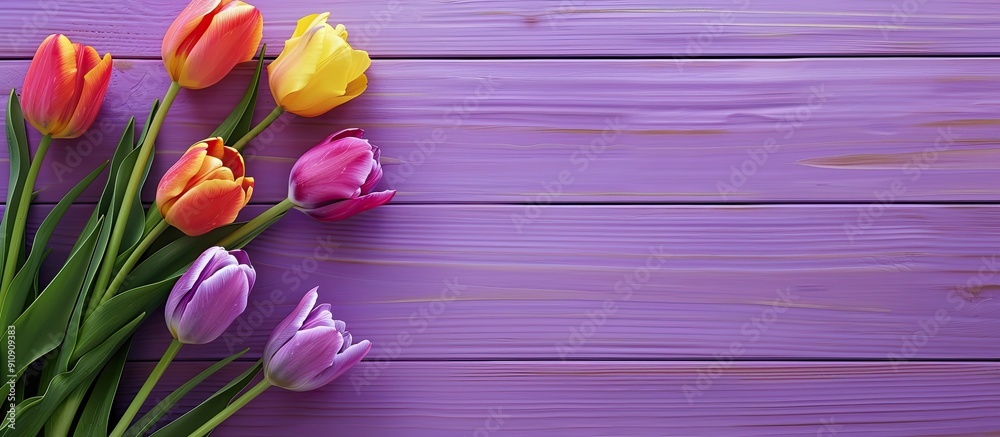 Aufkleber woman s day text with tulips overhead on a purple wooden background creating a cheerful copy space i