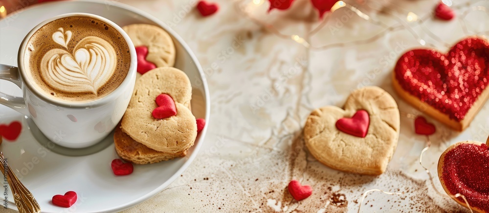 Aufkleber valentine s day spread featuring cappuccino heart shaped cookies and copy space image for customizat