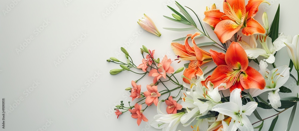 Poster A floral arrangement featuring lilies freesias arums with a blank space for adding text or other images known as a copy space image