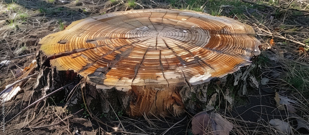 Poster a pine tree stump displaying growth rings cracks and offering space for a picture. creative banner. 