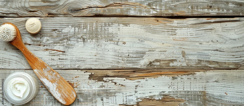 Poster wooden textured surface with a facial cleanser displayed perfect for copy space image