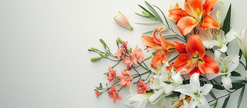 A floral arrangement featuring lilies freesias arums with a blank space for adding text or other images known as a copy space image