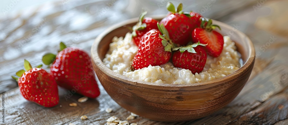 Sticker A healthy breakfast featuring oatmeal porridge with fresh organic strawberries arranged in a wooden bowl creating an appealing copy space image