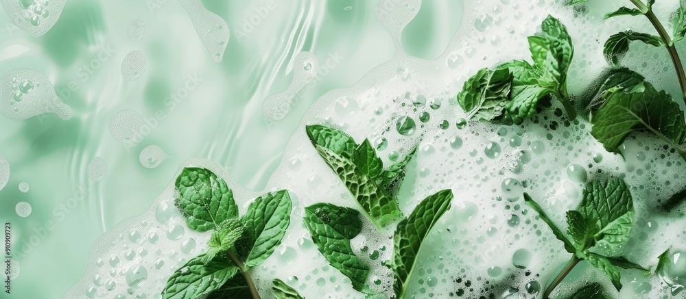 Poster background of mint water with foam for copy space image