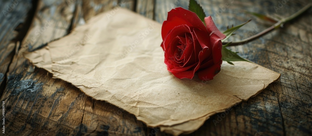 Fototapete vintage note paper with a red rose on a wooden desk with a grainy texture providing a copy space ima