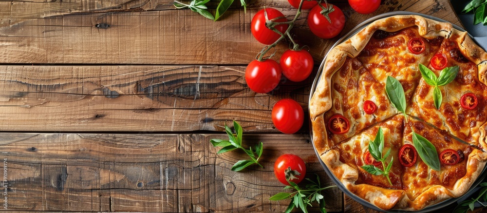 Poster Vegetable pie with paprika tomatoes and cheese on a wooden surface with a blank space for an image. Creative banner. Copyspace image