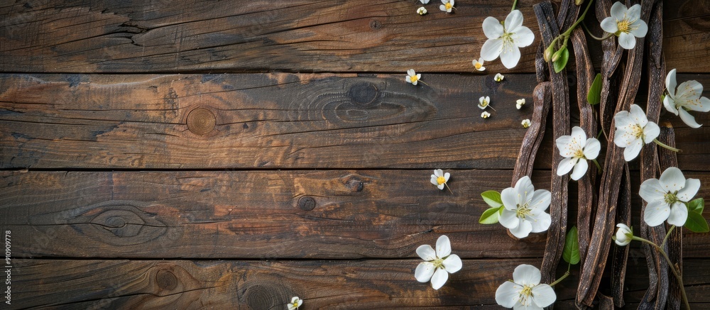 Poster Wooden background with vanilla sticks and flowers for a flat lay composition with room for text in a copy space image