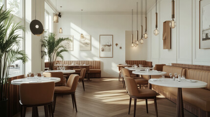 Modern restaurant with white walls, wooden floors, round tables with brown chairs, and comfortable beige sofas.