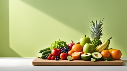A wooden cutting board is covered with a variety of fruits and vegetables