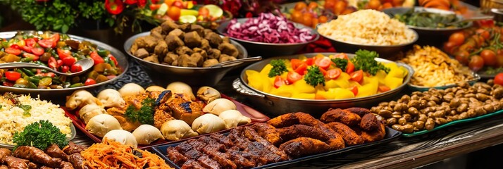 A buffet table is adorned with a wide variety of colorful and delectable dishes representing a diverse range of cuisines.