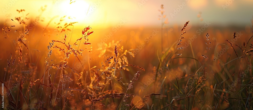 Wall mural sunset backdrop with a field of grass in the foreground perfect for copy space image