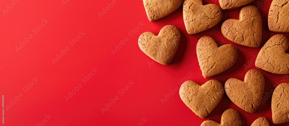 Poster top view of heart shaped gingersnap cookies on a red backdrop with space for text or images. creativ