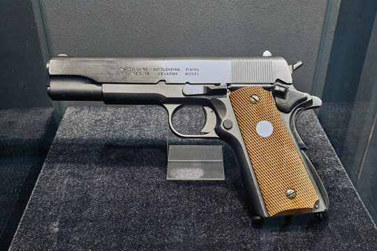 Sofia, Bulgaria, April 24, 2024; Semi automatic pistol Colt M1911 in museum
