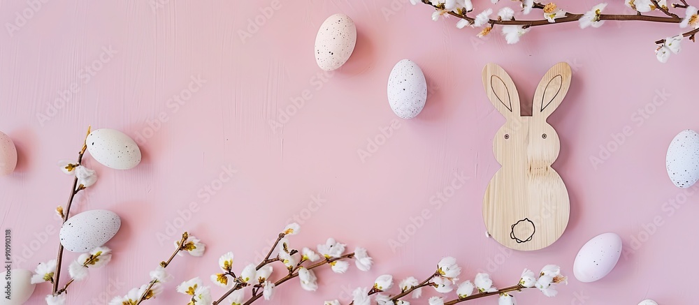 Aufkleber Flat lay view of Easter decorations with a wooden rabbit and willow branch placed on a soft pastel pink background featuring copy space image