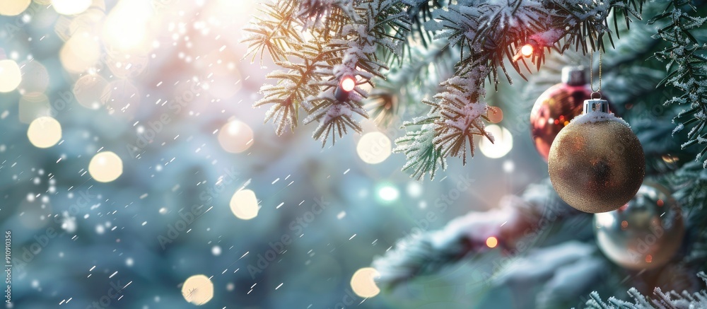 Poster Evergreen forest winter scene with snow draped spruce branches and festive glass ornaments creating a Christmas themed copy space image