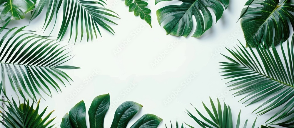 Poster Flat lay top view of a tropical green palm leaves and branches pattern frame isolated on a white background with abstract copy space image