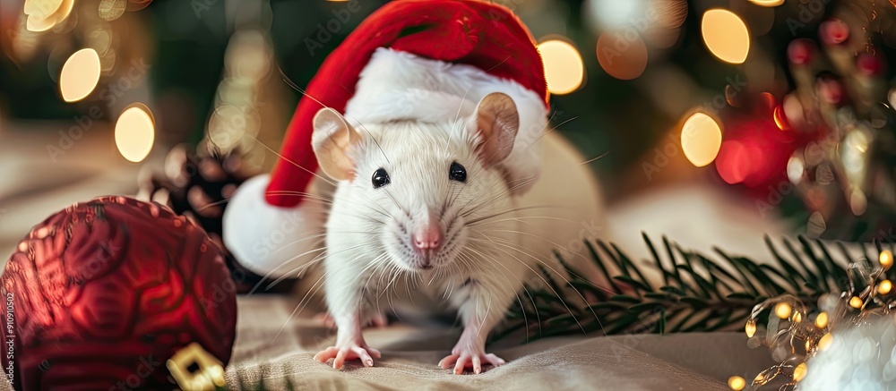 Poster white rat with a santa hat in a holiday setting surrounded by christmas decorations perfect for a co