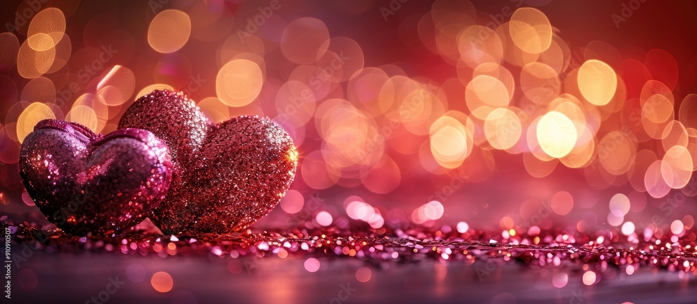 Poster valentine s day theme with romantic hearts on a sparkling bokeh background perfect as a copy space i