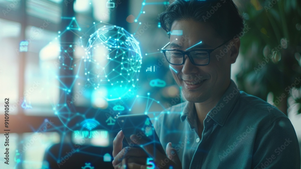 Fototapete businessman smiling and using ai phone, chatbot, virtual graphic of the global internet with text 