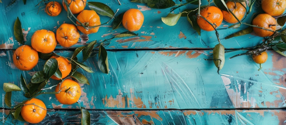 Poster top view of tangerines with leaves on a blue wooden table featuring copy space image